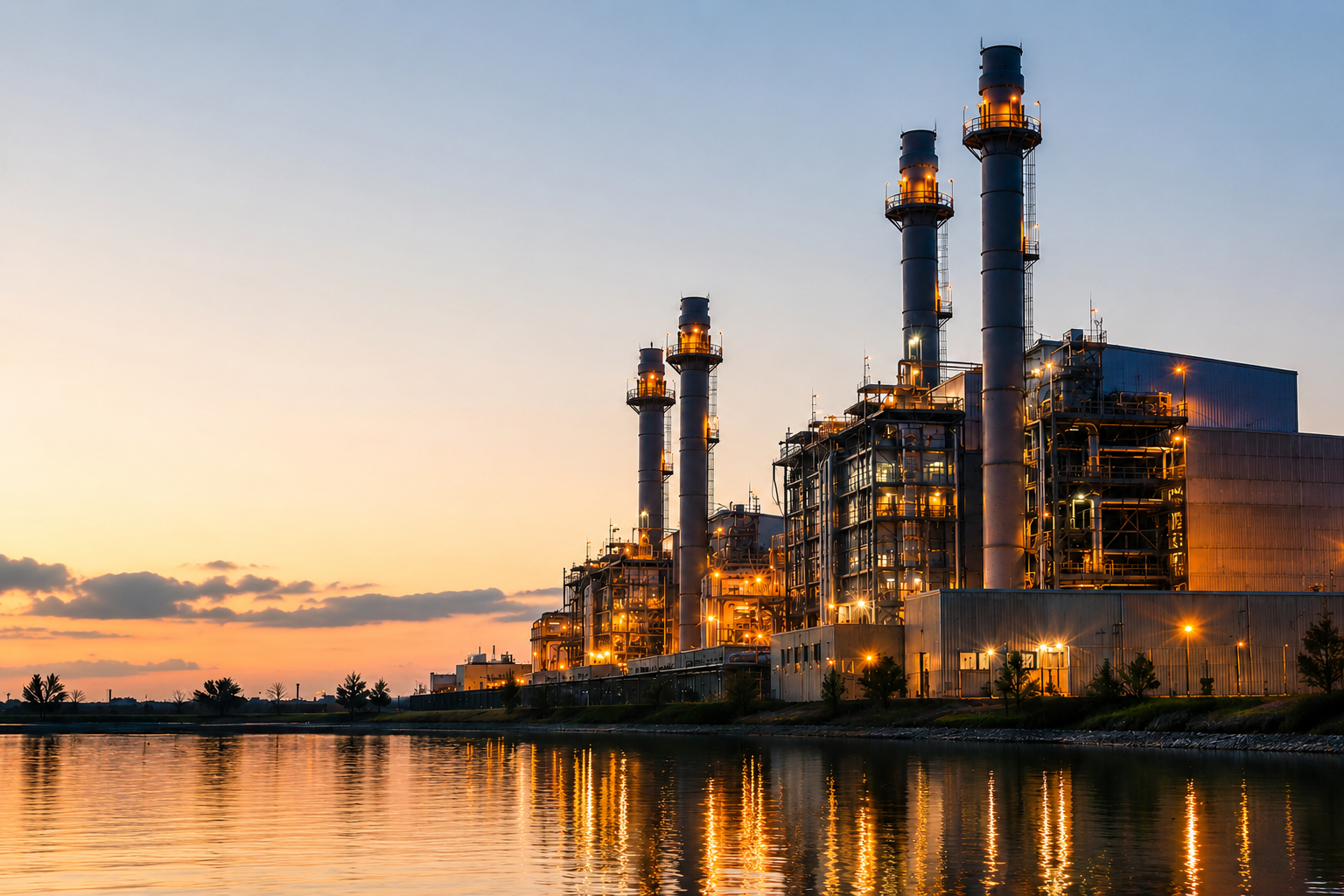 Combined-cycle power generation plant at dusk
