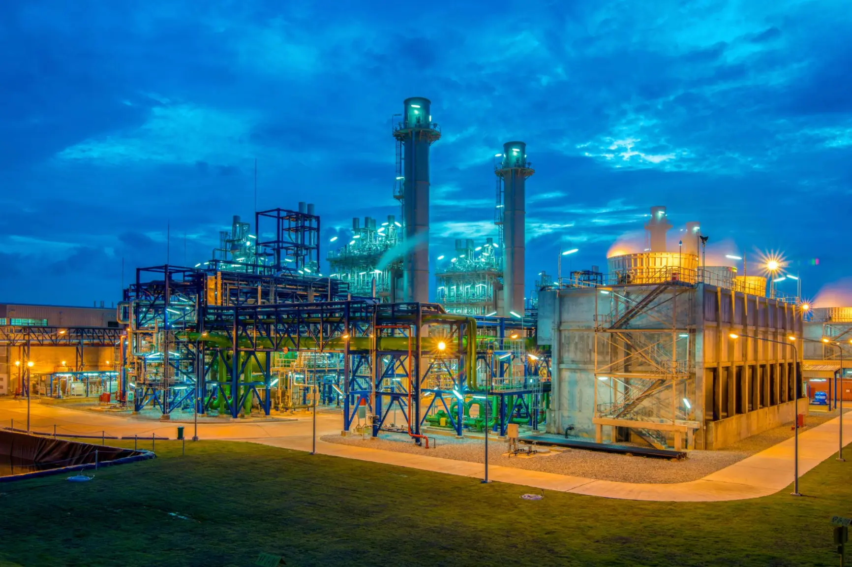 Combined-cycle power plant at dusk
